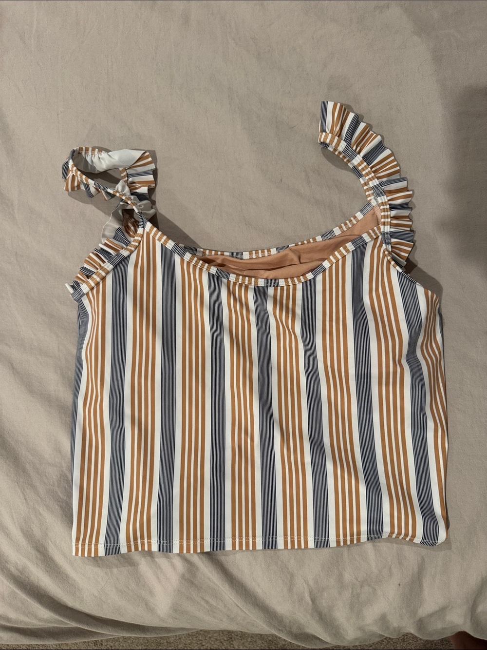 Kortni Jeane Striped Ruffle-Shoulder Swim Top in Black, White & Tan